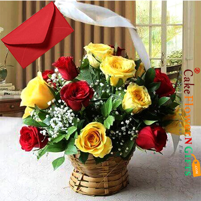 15 red yellow roses basket